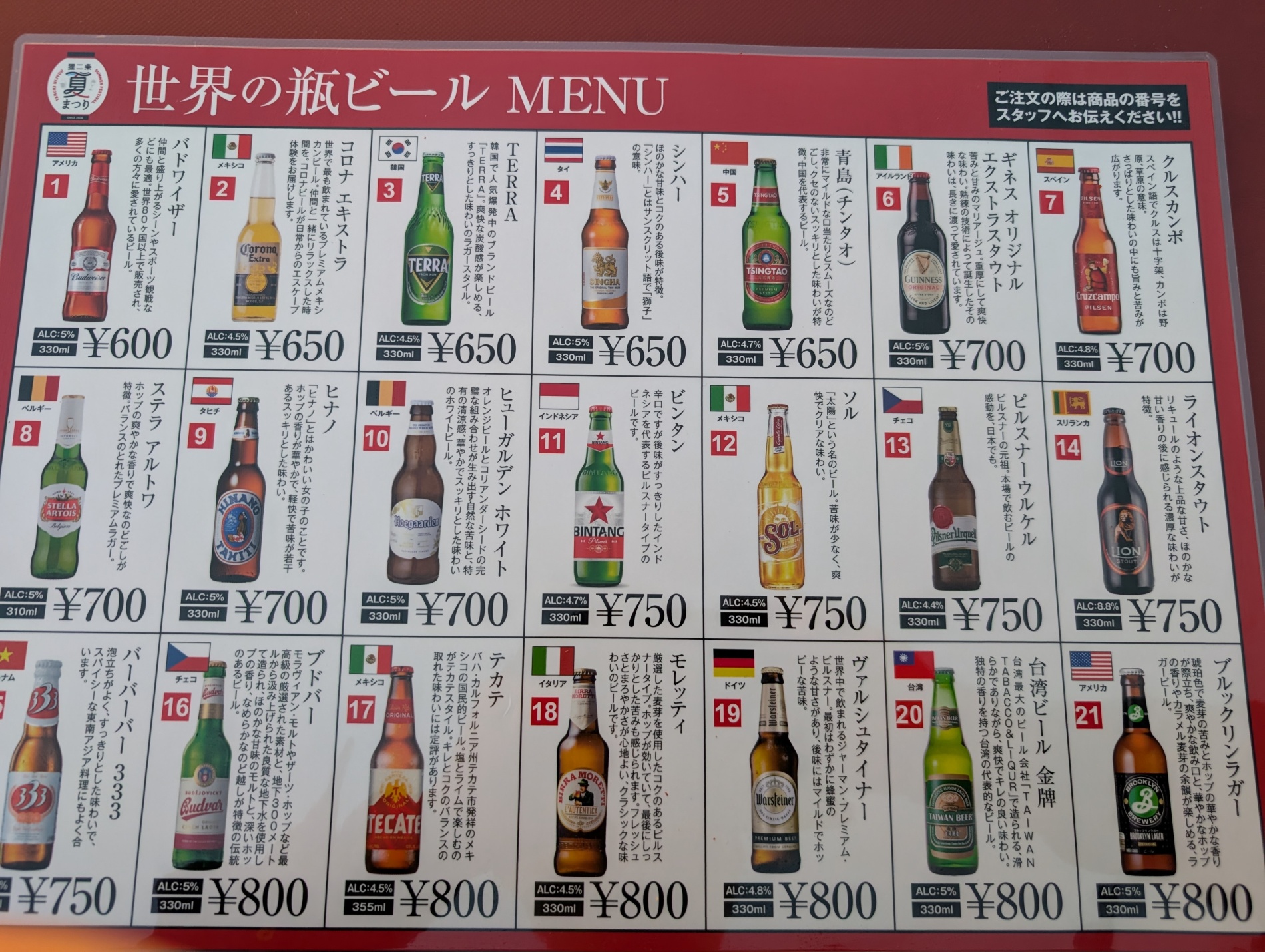 世界の瓶ビール21種のメニュー看板。国旗と銘柄・価格が一覧に